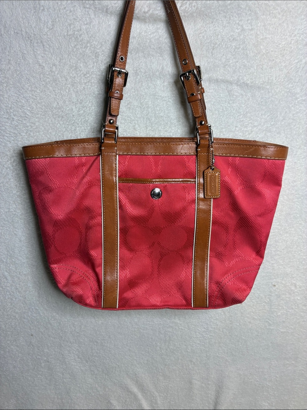 Coach Coral Signature Tote with Brown Leather Trim